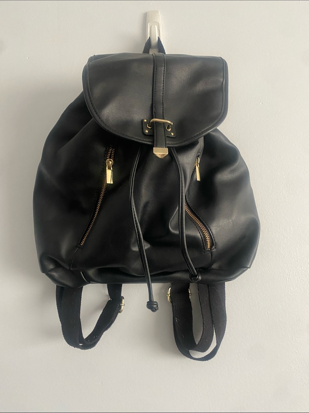 Arizona Jean Company Black Faux Leather Drawstring Backpack with Gold Hardware